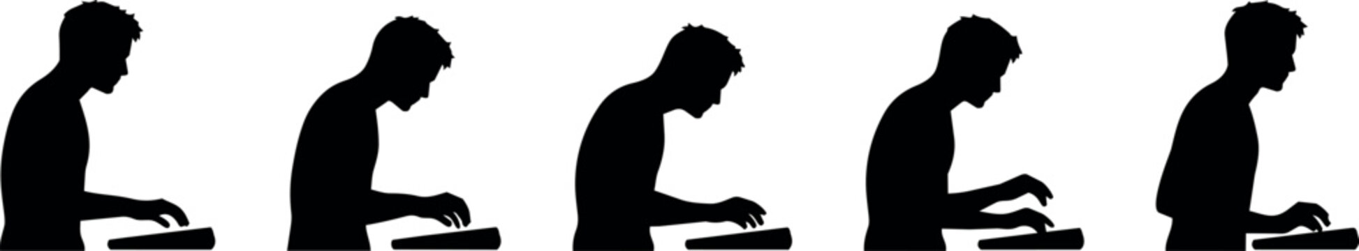 Silhouettes of a person typing on a keyboard demonstrating poor posture progression