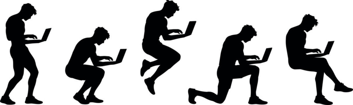 Man's silhouette in various dynamic poses using a laptop computer