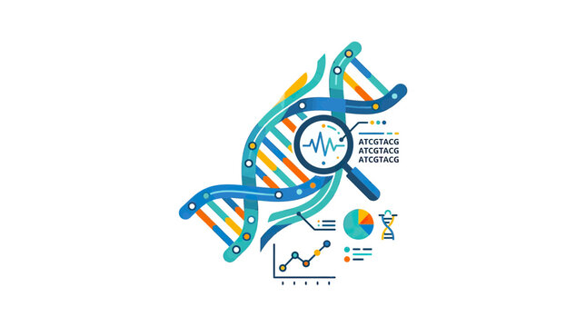 DNA helix analysis with magnifying glass, charts, and genetic code