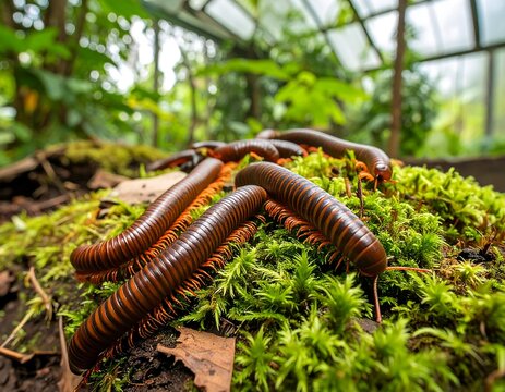 Millipedes on moss in greenhouse