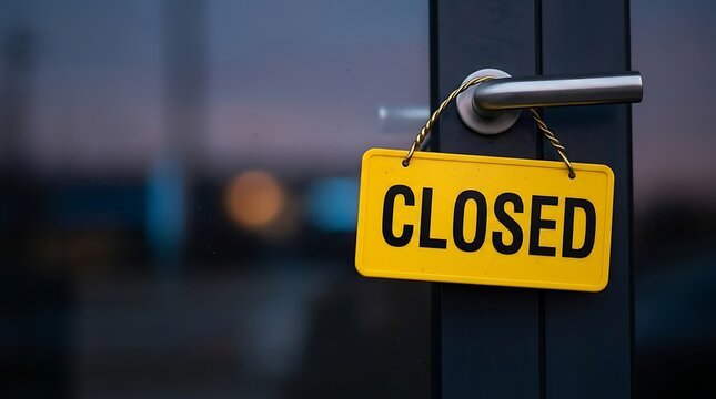 A bright yellow sign with the word closed printed in bold black letters hanging on a glass door handle during the dim twilight hours of the evening