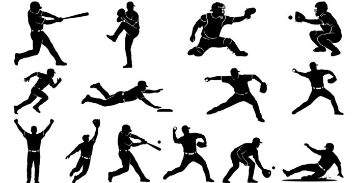 Male Baseball Player Silhouette Vector Set with Dynamic Sports Action Poses
