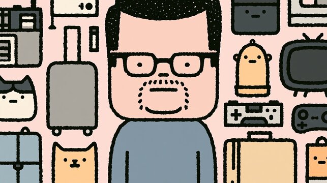 glasses and goatee character surrounded by symbols depicting hobbies such as travel, video games and pets