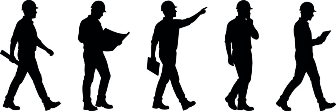 Five construction workers in silhouette walking and holding plans and tablets