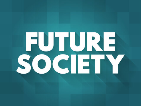 FUTURE SOCIETY text on pixelated backdrop. Concept of technological advancement, tomorrow civilization, digital world, modern community development, cyber environment evolution and human progress