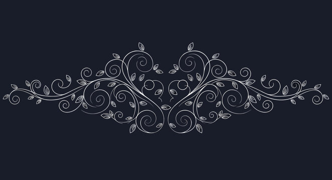 Delicate white scrolling floral ornament with elegant vines and leaves on a dark navy blue background.