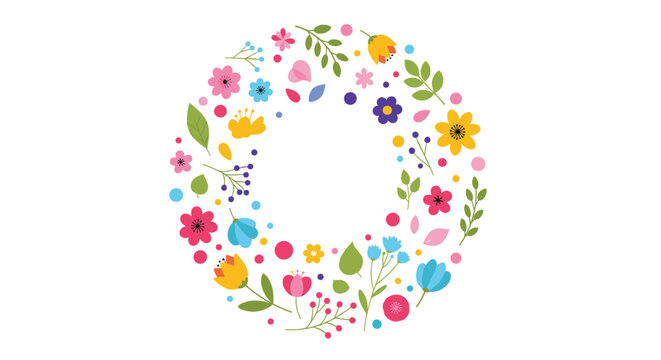 Vibrant circular floral wreath composed of various colorful flowers and green leaves arranged in a beautiful spring design.