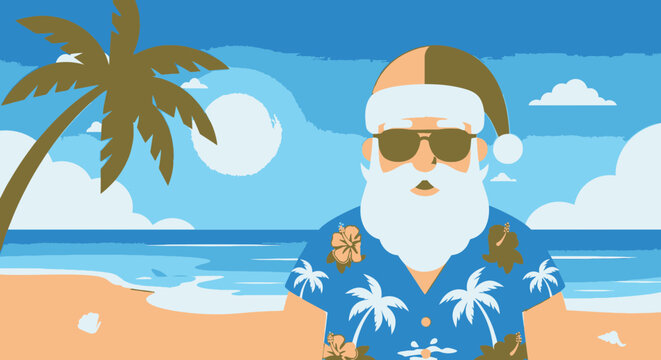 Flat vector santa claus wearing sunglasses and aloha shirt relaxing on a sunny tropical beach vacation