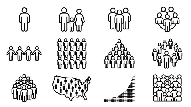 Diverse Human Population Icons: Family, Group, Crowd, Growth, USA Map