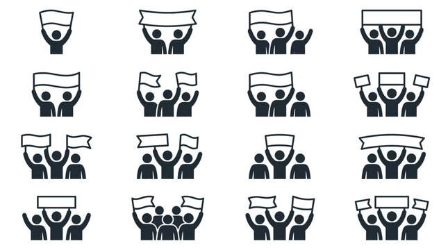 Crowd Protest Icons: Demonstrators Holding Banners and Signs, Vector Graphics
