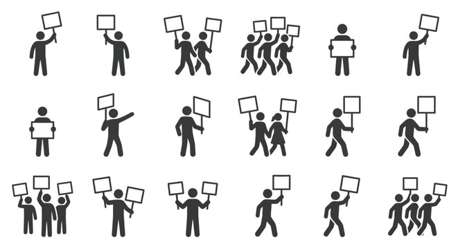 Protest crowd icons, rally group, demonstration people holding signs, silhouette vector