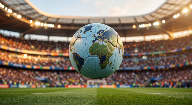  Conceptual soccer ball with world map pattern.