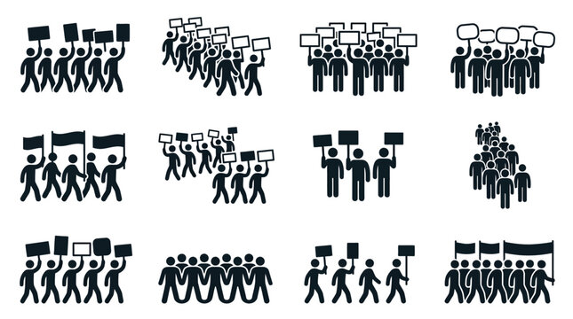 Protest crowd vector icons, people with signs and banners, demonstration and activism concept