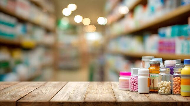 Wooden table with various medicine bottles in a blurred pharmacy interior.