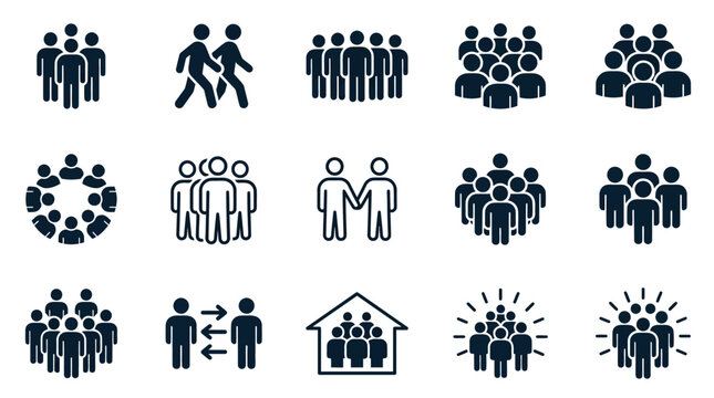 Diverse Crowd Icons: People, Groups, Community, Teamwork, Society, Unity, Network