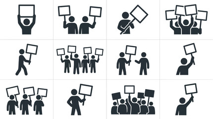 Obraz premium Protest icons, demonstration symbols, people holding signs, social activism, group protest, rally vector illustration