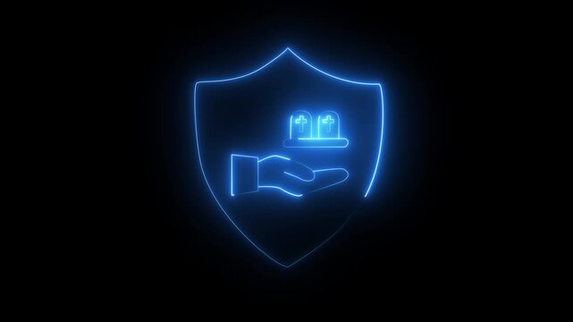 Neon glowing Funeral Insurance Shield Icon - Protection and Security 4k video.