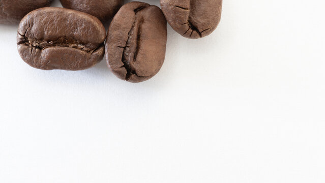 Roasted coffee beans displayed closely, highlighting texture on a clean white background.