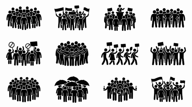 Crowd Icons: Protest, Rally, Gathering, Demonstration, March, Activism, Group People Silhouettes