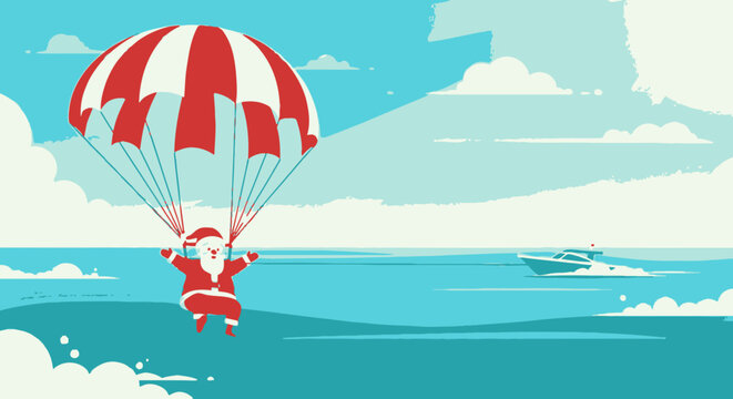 Santa claus parasailing over tropical ocean waters in a flat vector illustration style design
