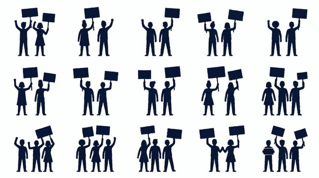 Silhouette group of people protesting with signs, activism, demonstration, rally