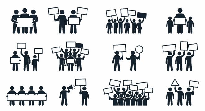 Protestors holding signs and megaphones, crowd demonstration icons