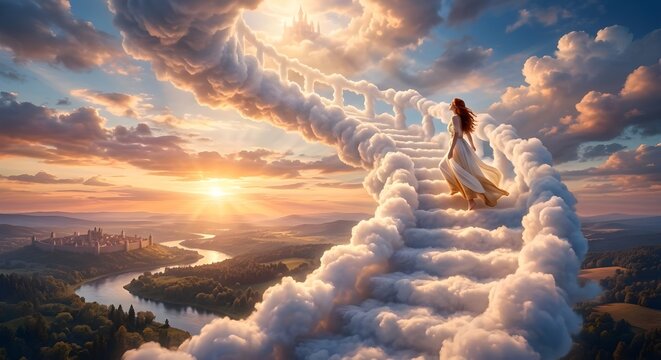 Woman Walking on Stairway to Heaven Above the Clouds at Sunset, Dreamy Fantasy Landscape
