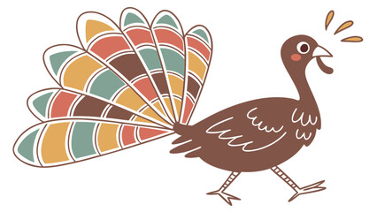 Fototapeta premium Cute Cartoon Thanksgiving Turkey Illustration with Colorful Patterned Tail Isolated on White Background for Holiday Design