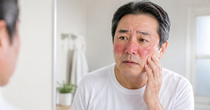 顔の赤みと酒さに悩み、鏡で肌を確認する50代後半の男性