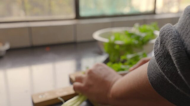 Close up of person hands cutting vegetables on wooden board in kitchen