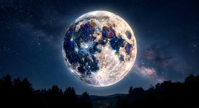 Floral Moon in Starry Night Sky, Surreal Cosmic Fantasy Background