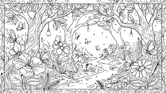 Magical Woodland Path with Hanging Lanterns and Butterflies