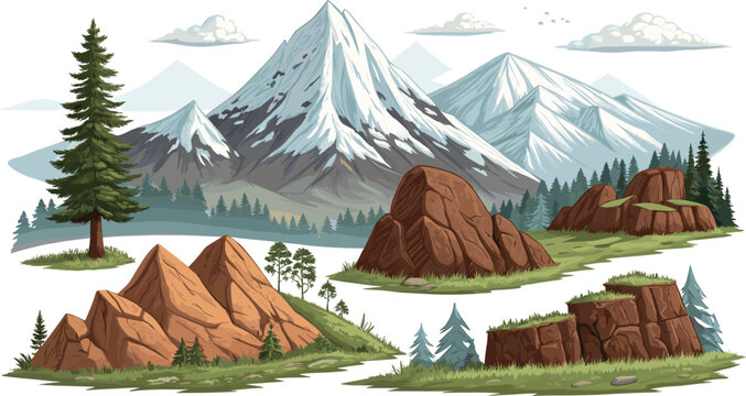 Beautiful mountain landscape vector illustration set with snow covered peaks, pine trees, rocks, clouds, and grassy hills isolated on white background for nature design elements.