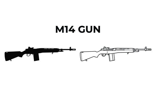 M14 Rifle Silhouette And Line Drawing On White Background