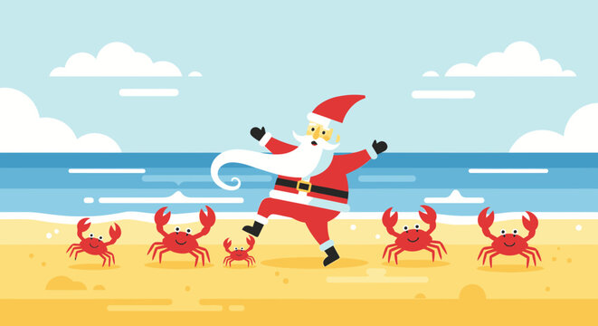 Cheerful santa claus dancing on a sunny tropical beach surrounded by red crabs in a flat vector illustration