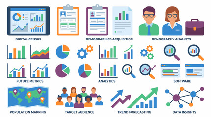 Fototapeta premium Infographic icons for digital census, demographic acquisition, and data analysis.