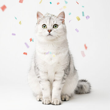 a white cat with a tiara pearls sits falling 