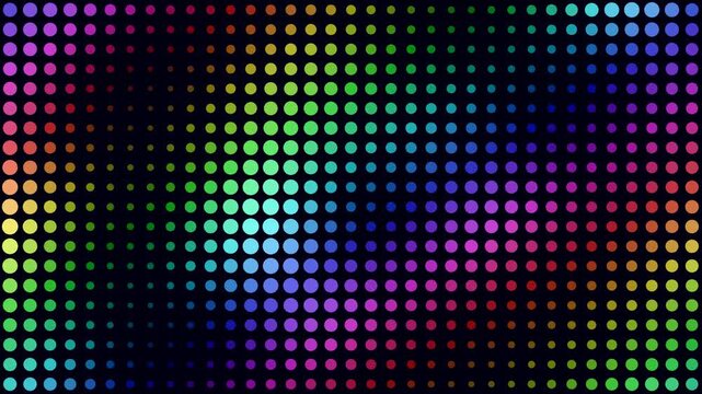 Rainbow colored neon dots on black background, glowing vibrant pattern