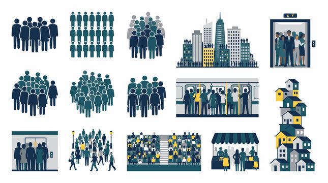 Icons for population density, urban crowds, and metropolitan infrastructure.