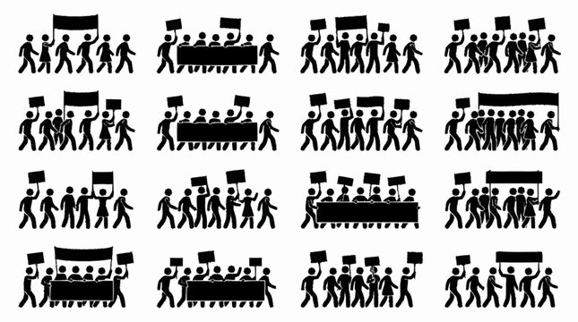 Protest Crowd Silhouette Collection: Marching People with Banners and Signs