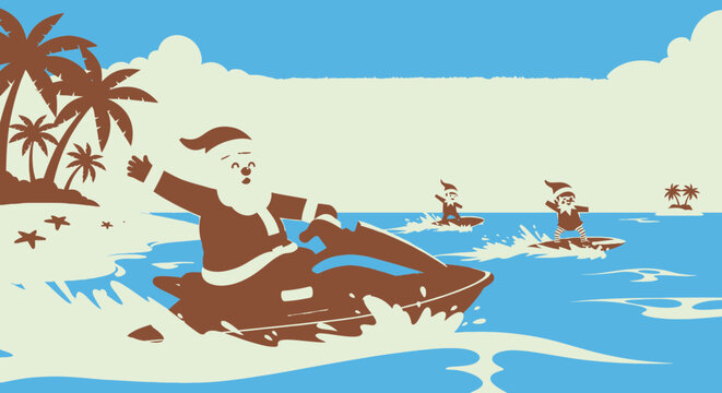 Santa claus riding a jet ski on a tropical beach holiday vacation vector illustration
