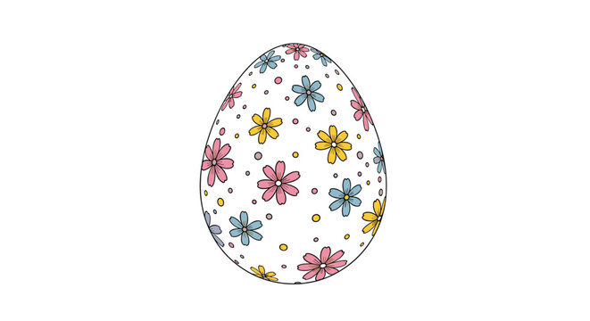 Single decorated easter egg with a colorful floral pattern of pink, blue, and yellow blossoms on a white background.