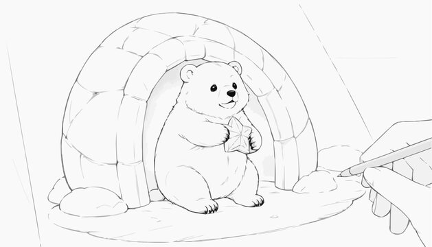 Fluffy bear cub with a star-shaped pillow in a snowy igloo, coloring page concept