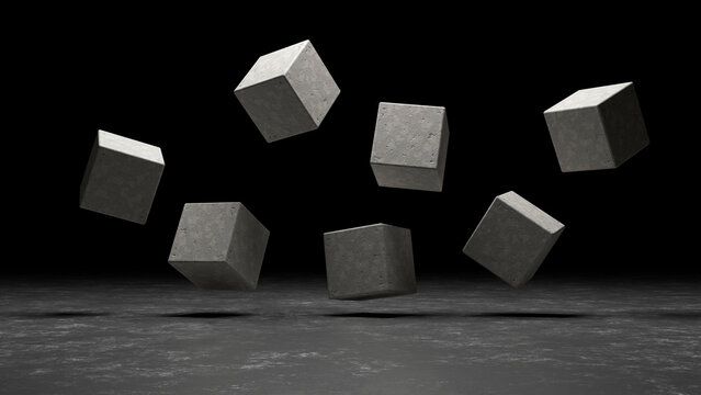 Minimalist 3D render of abstract concrete cubes floating in dark space over a textured floor