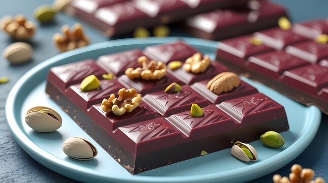 Closeup shot of bars of sweet ruby chocolate with walnuts and pistachios presented on light blue plate. Suggested serving concept. Focus on the foreground with dark chocolate in the background.