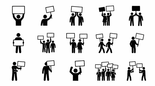 Protest Signs Icons: Diverse Group Demonstrations, Activism, and Public Assembly Silhouettes