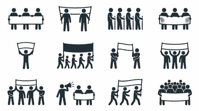 Protest icons: People with banners, flags, megaphones, marching in demonstration