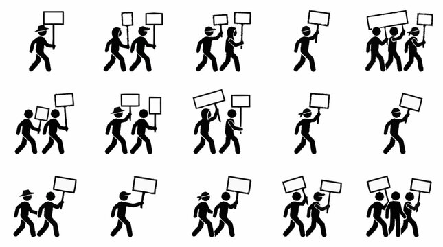 Protest crowd illustration, people marching with blank signs, protest rally vector