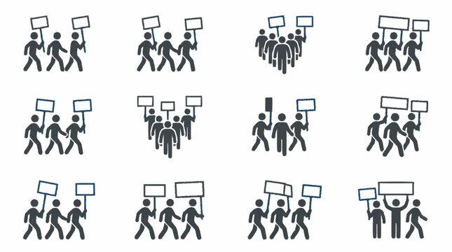 Protest icons, crowd marching with signs, demonstration, activism, rally, strike, protest, political demonstration