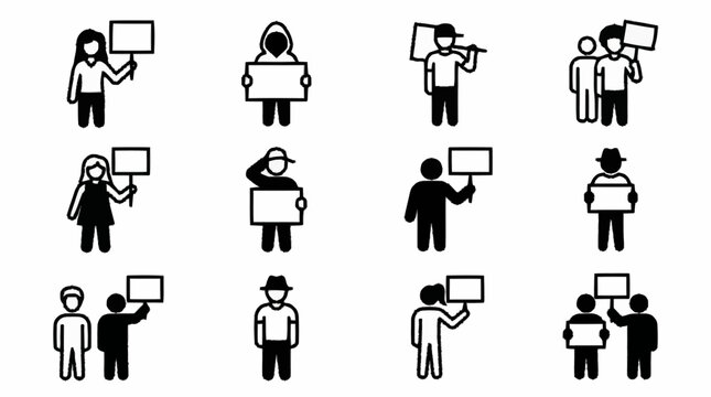 Protest Icons: People Holding Signs for Demonstration, Activism, and Social Issues